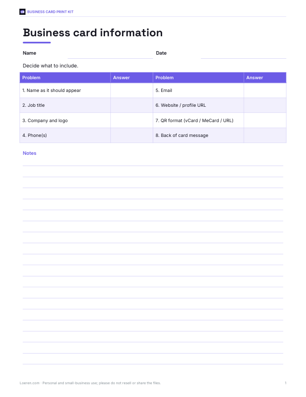 Preview of Printable Business Card Worksheet