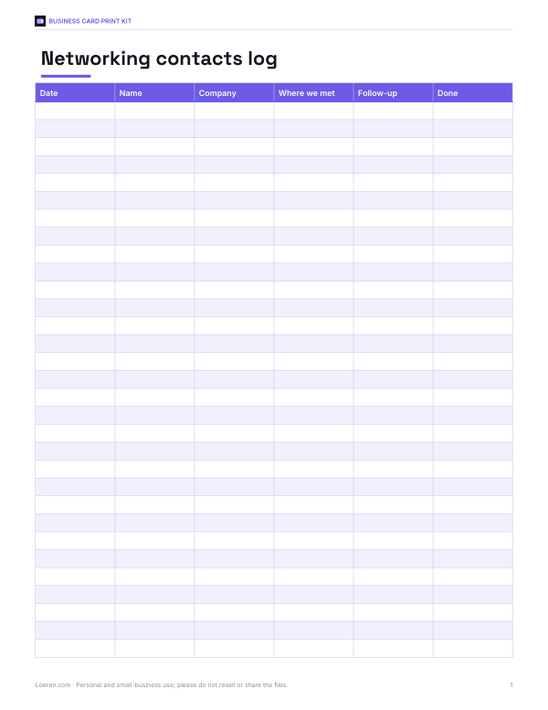 Preview of Printable Networking Contacts Log