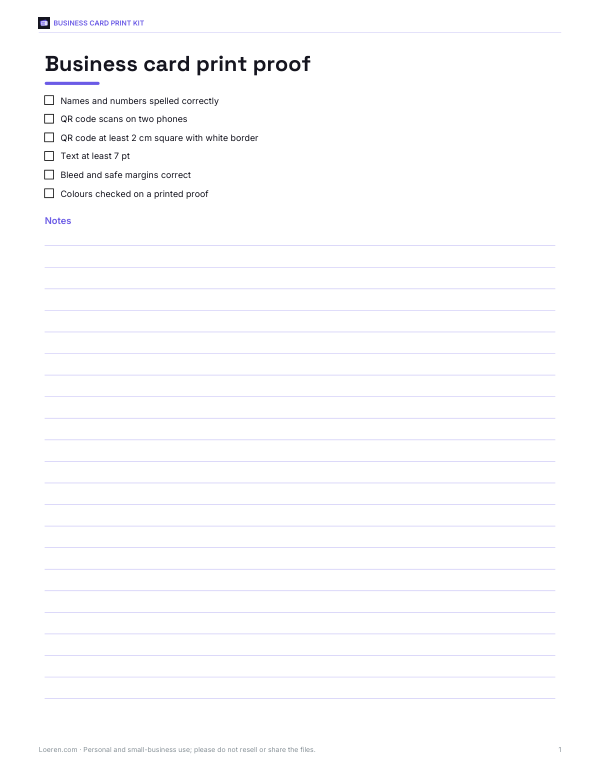 Preview of Business Card Print Proof Checklist